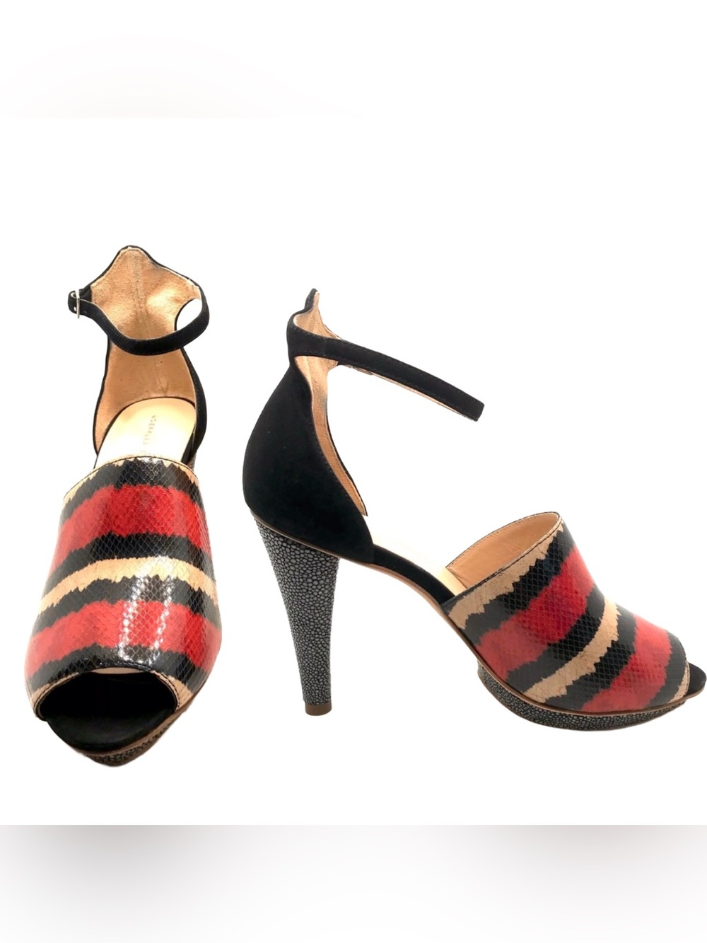 LOEFFLER RANDALL "ROSIE" RED, BLACK & CREAM LEATHER PLATFORM HEELS (9B)